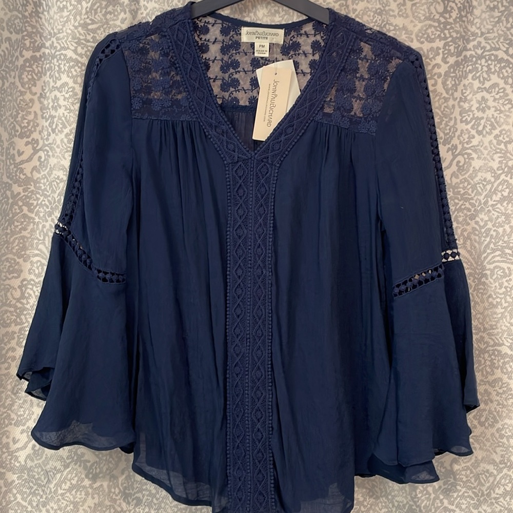 NWT Navy Blue blouse with embroidered detailing